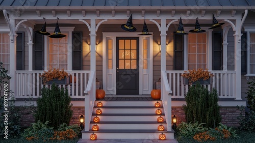 Charming front porch with halloween decorations and warm evening lights