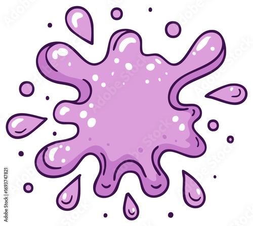 Cartoon purple liquid splash or slime blob with glossy droplets and speckles