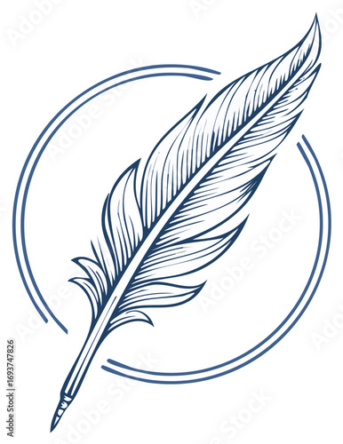 Hand-drawn feather illustration in a circle.