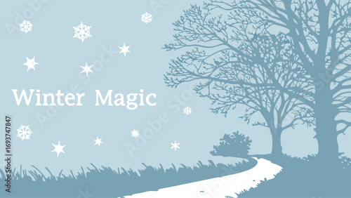 Serene winter path with snow falling gently amidst bare trees, evoking peaceful holiday feelings.