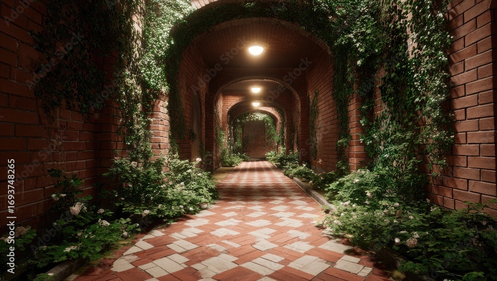 Fototapeta premium A brick-walled passageway adorned with lush greenery