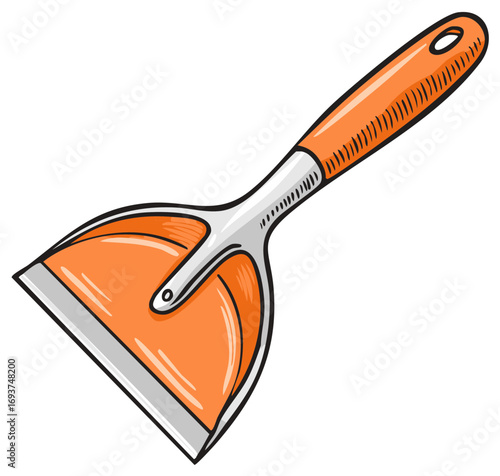 Hand drawn cartoon illustration of an orange winter ice scraper for car windows