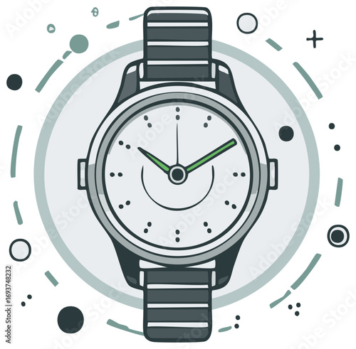 Watch Illustration Timepiece Concept, Analog Wristwatch Icon With Circle, Abstract Details Around