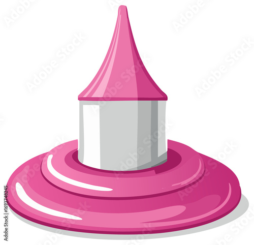 Whimsical cartoon castle turret with a pointed pink roof. Isolated fantasy architecture for a fairytale theme.