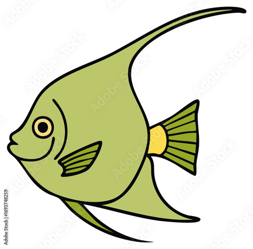 Stylized green angelfish illustration with a yellow accent on its tail fin