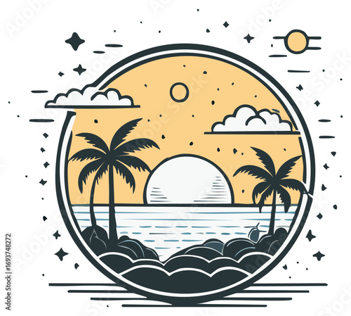 Tropical island sunset scene with palm trees and ocean waves framed in a circle