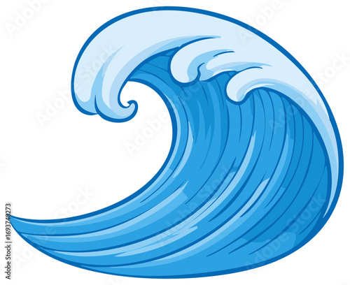 Stylized Vector Blue Ocean Wave with White Foam Crest - Isolated on White