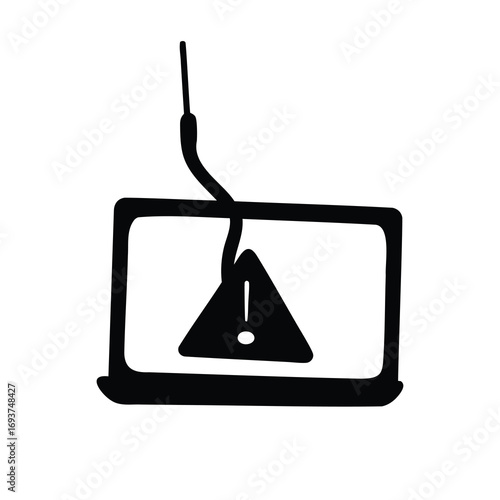 Laptop with an attention symbol caught on a fishing hook representing phishing