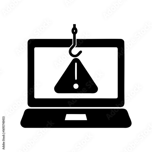 Laptop computer with warning sign suspended by a fishing hook icon