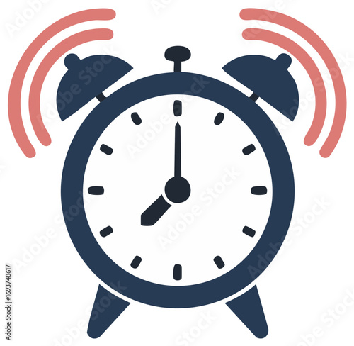 Classic analog alarm clock ringing with sound waves representing time and urgency
