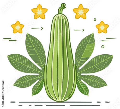 Cartoon Courgette Vegetable Illustration with Green Leaves and Yellow Star Fruit Design Element