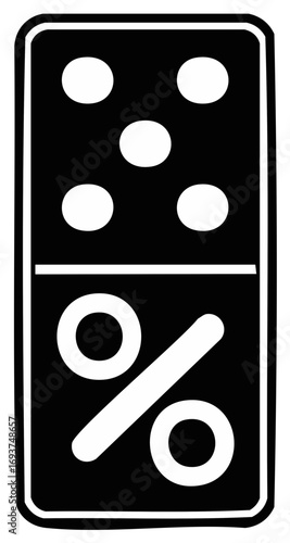 Black and white domino tile icon with five dots and a percentage symbol illustration representing discount or chance