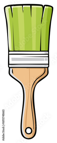 Cartoon style paint brush with green bristles and wooden handle