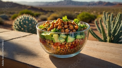 Colorful salad bowl with chickpeas and avocado on a table in a desert landscape at sunset