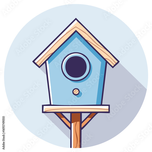 Charming light blue birdhouse illustration with a wooden roof and small perch design