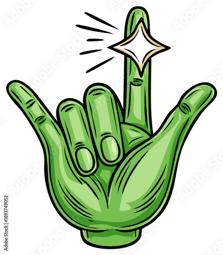 Green Hand Displaying Diamond Ring with Shaka Sign in Comic Book Style Illustration