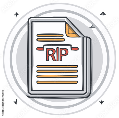 RIP Text on Document with Abstract Circle and Stars for Death Concept Design