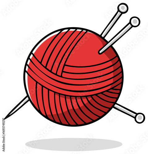 A red ball of yarn with knitting needles, a cartoon vector icon for crafts and hobbies.