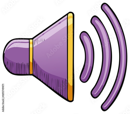Purple speaker icon broadcasting sound waves with a retro cartoon illustration style