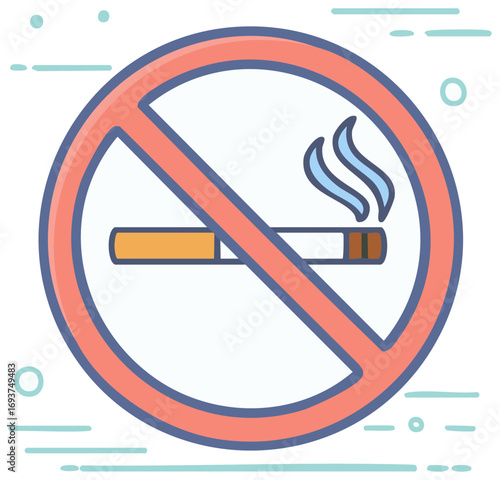 Smoking prohibited sign with cigarette, no smoking symbol, restriction for smoking areas, smoking ban emblem.