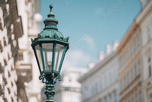 Antique street lamp against European architecture