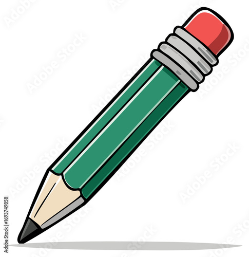 A sharpened green pencil with a red eraser and metallic band is angled on a white background.