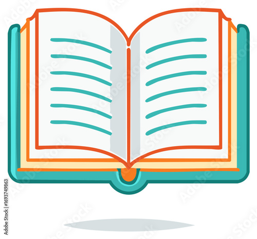 Vibrant open book illustration with teal cover and orange details showing pages and blue text lines