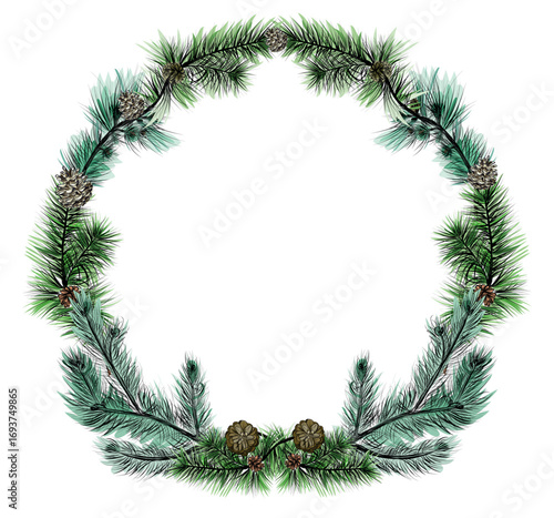 Christmas wreath with fir branches and pine cones vector