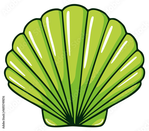 Stylized Light Green Seashell: Marine Life Icon with Radiating Ribs and Glossy Highlights on Plain Background