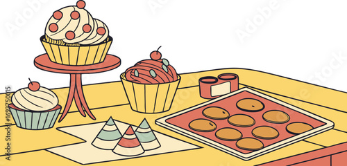 Delightful cupcakes and cookies arranged artfully on a table, perfect for baking celebrations.