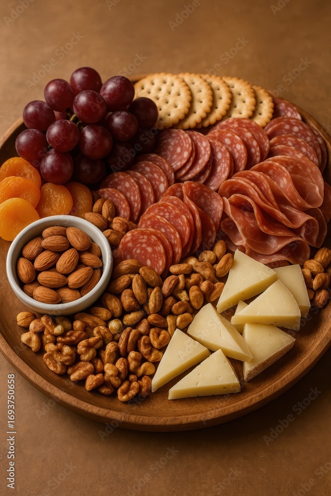Obraz premium Artisan Charcuterie Board: A visually captivating and mouthwatering close-up shot of an artisan charcuterie board, laden with an array of gourmet treats, including juicy grapes, savory salami.