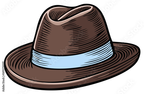 Classic brown fedora hat with light blue band and textured brim, artistic illustration