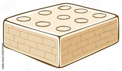 Stylized cartoon building block with a brick pattern and holes on top.