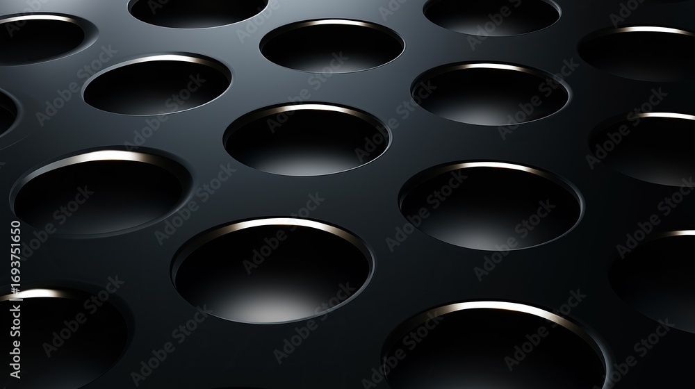 Sleek black background with array of round holes creating dimensional metal plate illusion, minimalist captivating design for high-end product packaging and branding showcase