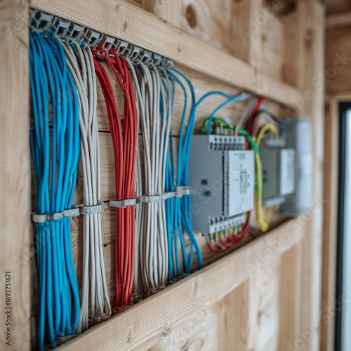 Close-up of smart home wiring installation inside a new house, showing neatly arranged cables and modern construction technology