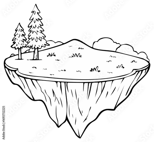 Whimsical fantasy floating island with evergreen trees and green grass simple outline drawing