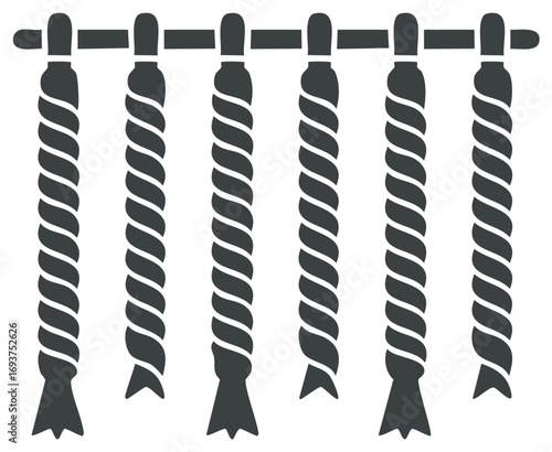 Vector glyph icon of twisted nautical ropes hanging in a row from a bar