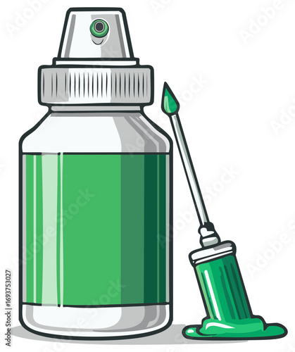 Bottle of Green Liquid With Applicator and Droplet, Container of Dye, Cosmetic, or Medicine