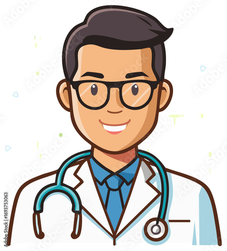 Smiling professional male doctor cartoon illustration wearing stethoscope glasses