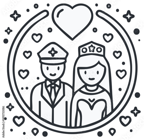 Stylized Marriage: Bride and Groom in Uniform with Hearts and Stars, Doodle