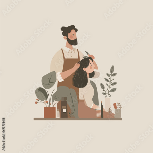 In a welcoming salon, a skilled hairdresser is carefully styling a clients hair, surrounded by various plants and hair products. The atmosphere is calm and professional.