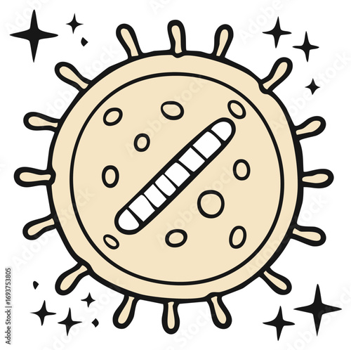 Hand drawn cartoon illustration of a cute microbe cell with sparkles representing a healthy probiotic bacteria