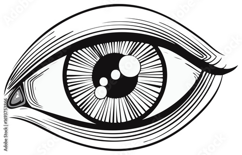 Stylized black and white human eye illustration in a vintage engraving style
