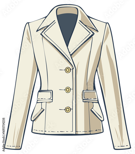 Fashionable cream colored tailored blazer with double breasted detail and button closure