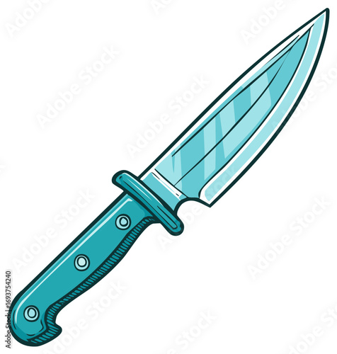 Sharp cartoon combat knife or dagger with a shiny blade and teal handle vector illustration