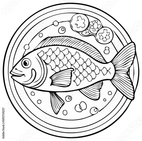 Stylized Fish on a Round Plate Line Art for Childrens Coloring Book or Seafood Theme