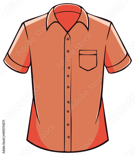 Men's casual short sleeve button down shirt with pocket. Vector illustration of an orange collared top.