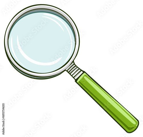 Cartoon Drawing of Magnifying Glass with Green Handle; Investigation Concept; Illustration; Focus; Detail; Search; Discovery; Scrutiny