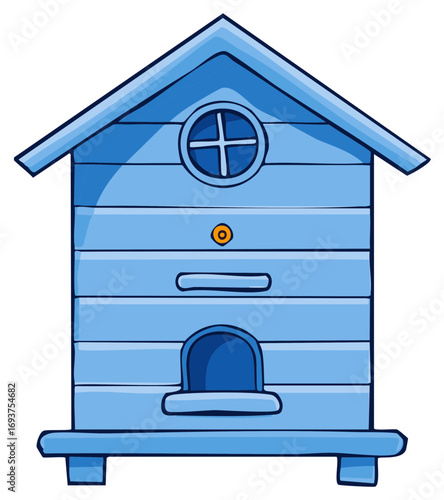 Cartoon blue wooden beehive with round window and entrance
