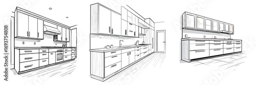 This design features a sketch of a contemporary kitchen with sleek cabinetry and ample counter space. The layout emphasizes organization and functionality for cooking and dining.